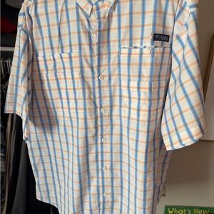Columbia Men's Light Blue and Orange Checkered Shirt